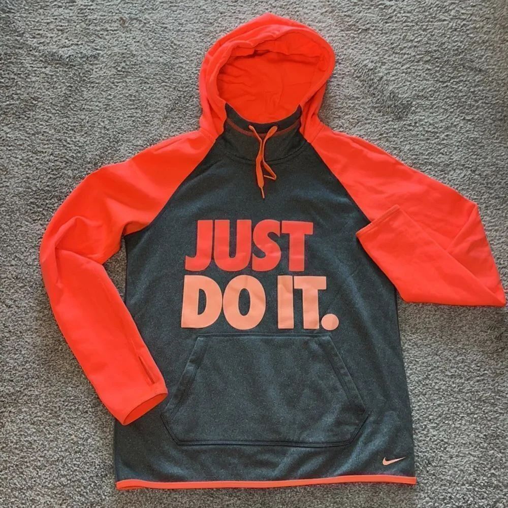 Nike Women's Gray Neon Orange Just Do It Yoga Therma Hoodie Hooded Sweatshirt XS